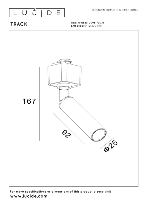 Lucide TRACK KEONI Track spot - 1-circuit Track lighting system - 1xG9- White(Extension) - technical